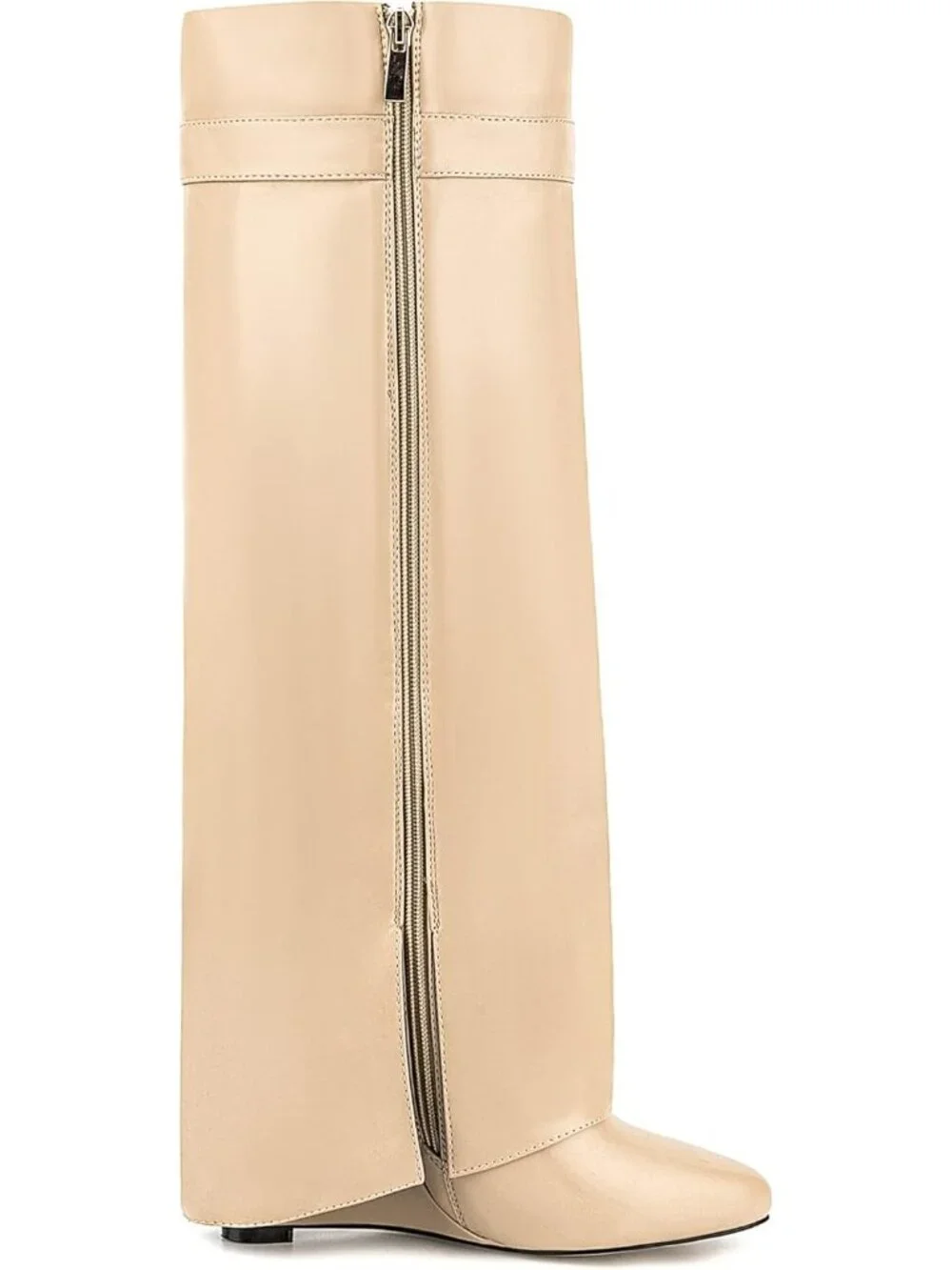 Women's Beige Pointed Toe Wedge Heel Side Zipper Knee High Shark Boots